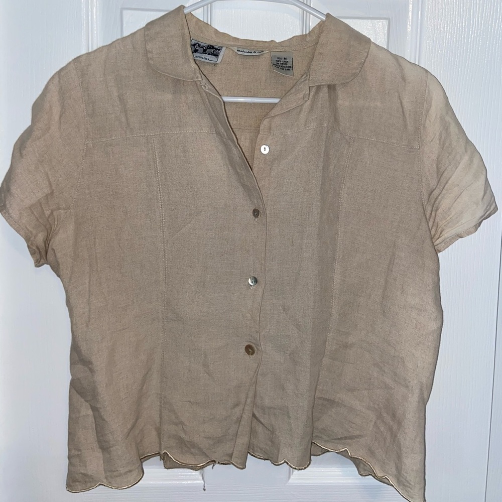 Linen Cropped Ruffles Edge Button Down